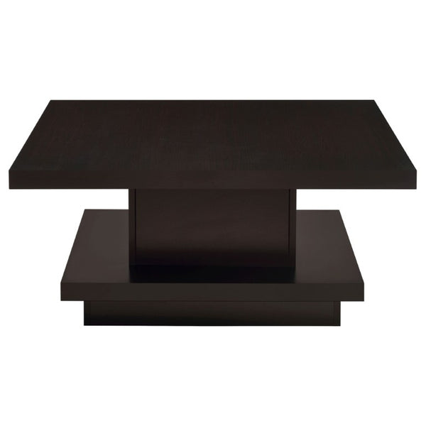 English Elm Cappuccino Square Coffee Table with Pedestal Base and Lower Shelf for Modern Living B2777P536520
