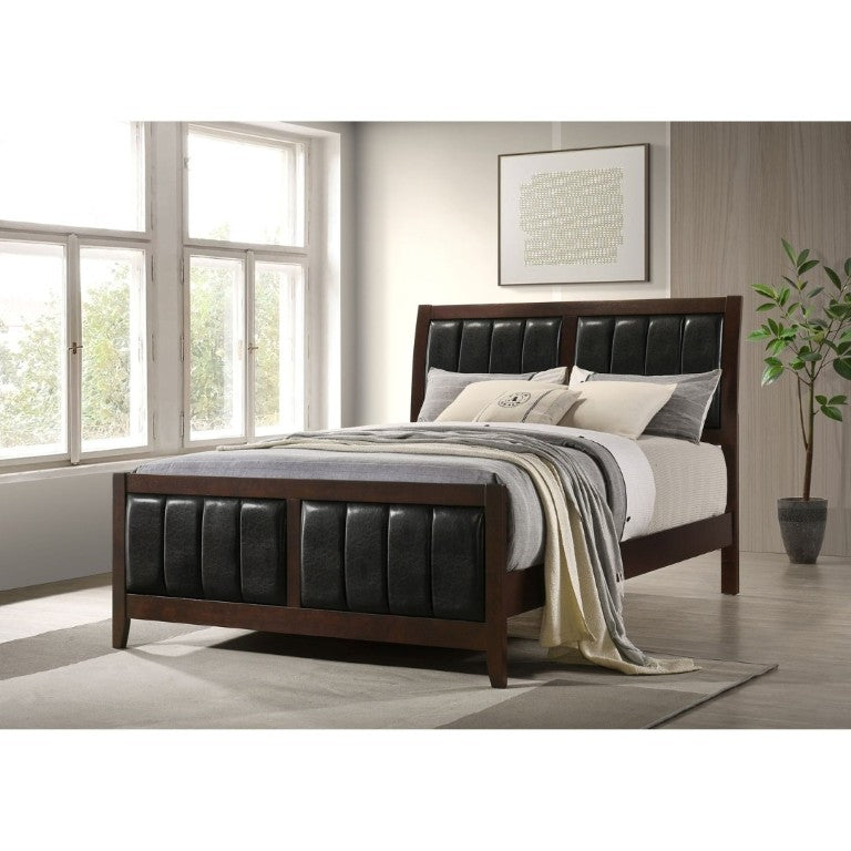 English Elm Cappuccino Wood and Leatherette Queen Panel Bed with Pleated Headboard Detail B2777S00003