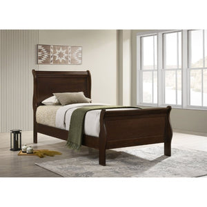 English Elm Cappuccino Twin Sleigh Bed Warm Wood Finish Curved Panel Frame for Guest Bedroom B2777S00007