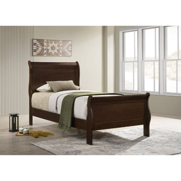 English Elm Cappuccino Twin Sleigh Bed Warm Wood Finish Curved Panel Frame for Guest Bedroom B2777S00007