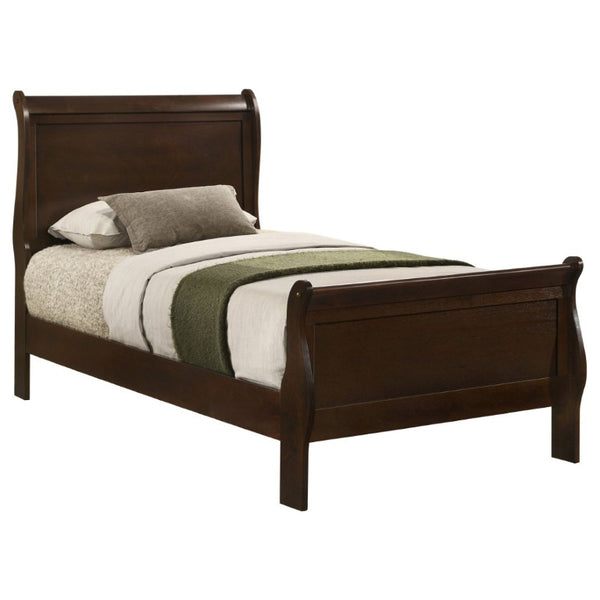 English Elm Cappuccino Twin Sleigh Bed Warm Wood Finish Curved Panel Frame for Guest Bedroom B2777S00007