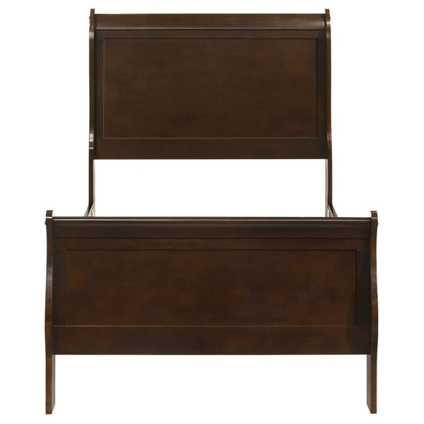 English Elm Cappuccino Twin Sleigh Bed Warm Wood Finish Curved Panel Frame for Guest Bedroom B2777S00007