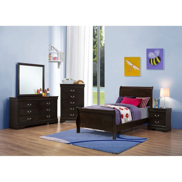 English Elm Cappuccino Twin Sleigh Bed Warm Wood Finish Curved Panel Frame for Guest Bedroom B2777S00007