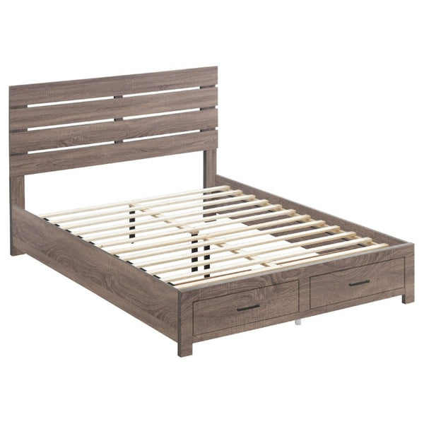 English Elm Geary Queen Panel Bed Slatted Headboard Footboard Drawers Warm Oak Finish B2777S00011