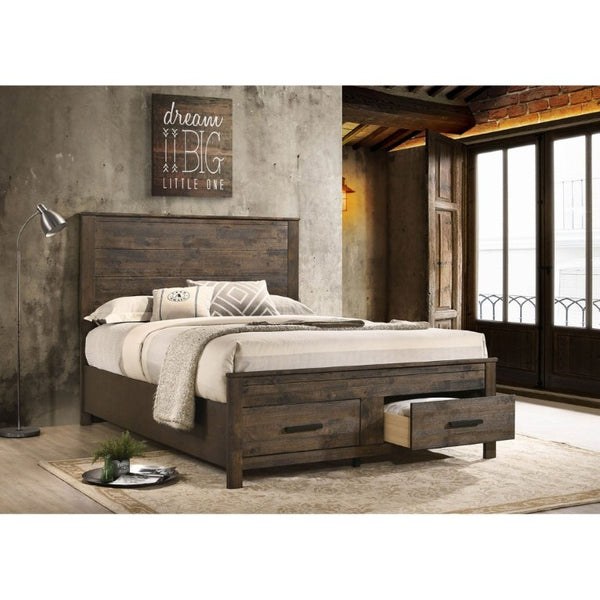 English Elm Rustic Queen Platform Bed with Plank Headboard and Footboard Storage Drawers in Warm Brown B2777S00013