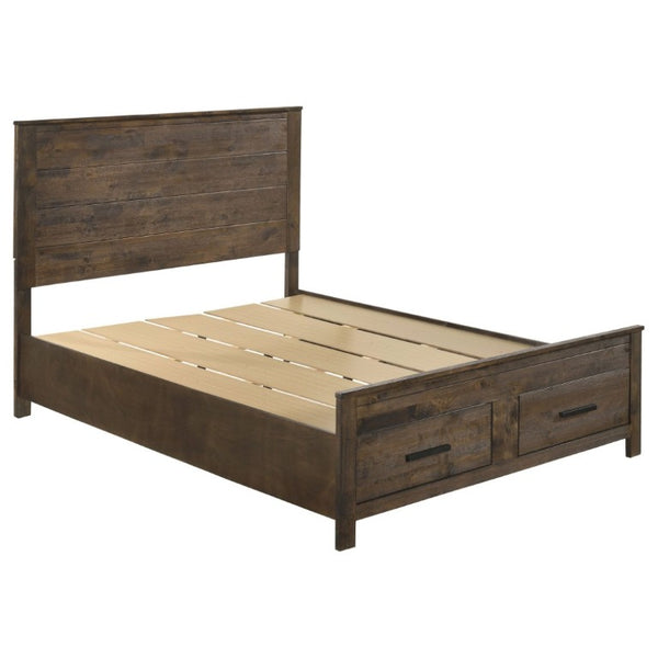 English Elm Rustic Queen Platform Bed with Plank Headboard and Footboard Storage Drawers in Warm Brown B2777S00013