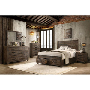 English Elm Rustic Queen Platform Bed with Plank Headboard and Footboard Storage Drawers in Warm Brown B2777S00013