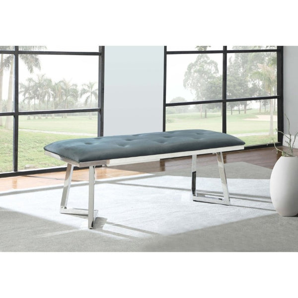 English Elm Dark Grey Velvet Tufted Bench with Polished Chrome Frame for Bedroom or Dining B2777S00017