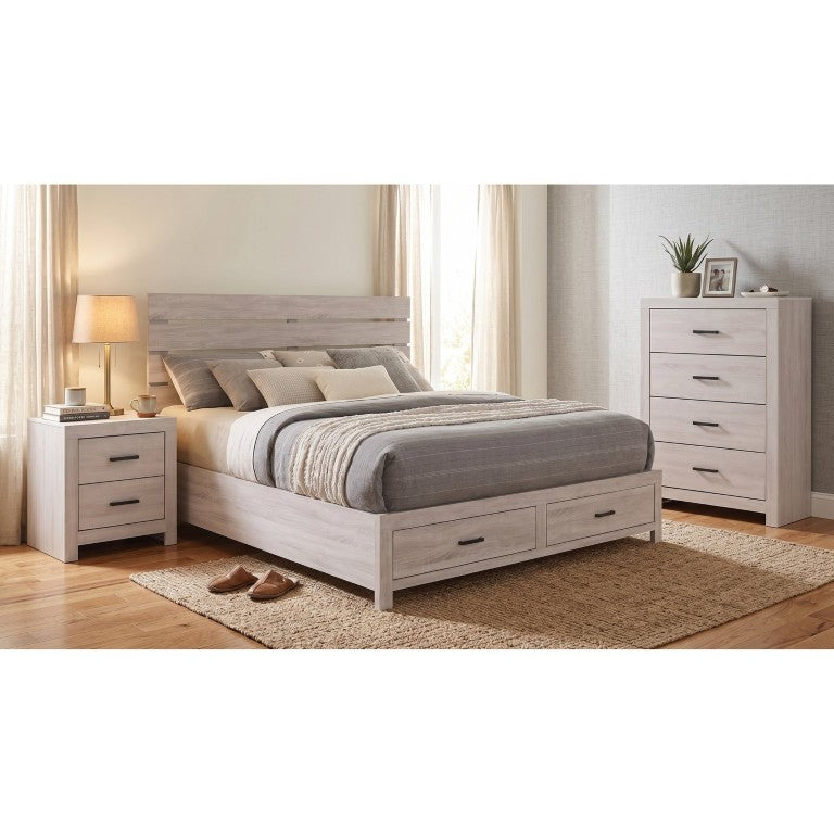 English Elm Kingsley Coastal White Platform Storage Bed Set with Slatted Headboard Bronze Pulls B2777S00031