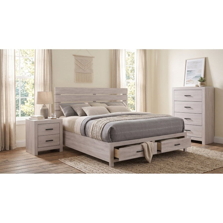 English Elm Kingsley Coastal White Platform Storage Bed Set with Slatted Headboard Bronze Pulls B2777S00031