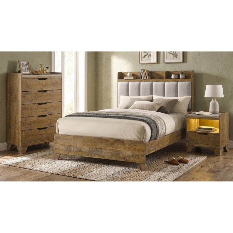 English Elm Whitfield Queen Bedroom Set Oak Rubberwood Frame with Upholstered Panel Bed and Storage B2777S00050