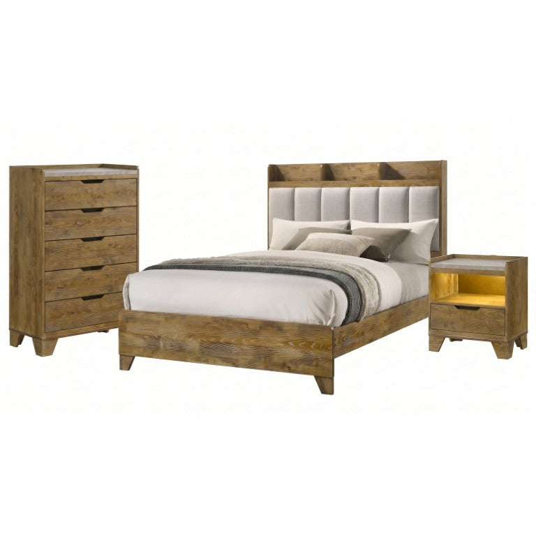 English Elm Whitfield Queen Bedroom Set Oak Rubberwood Frame with Upholstered Panel Bed and Storage B2777S00050