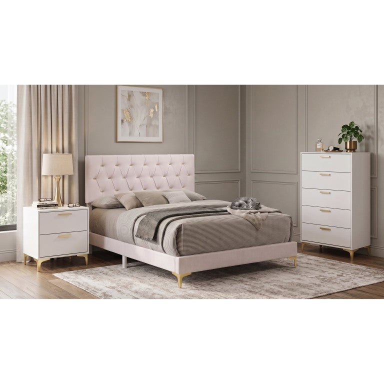 English Elm Harlow White Leatherette Queen Bedroom Set with Tufted Headboard and Gold Accents B2777S00062