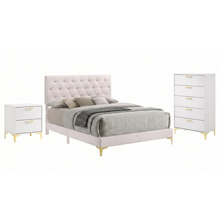 English Elm Harlow White Leatherette Queen Bedroom Set with Tufted Headboard and Gold Accents B2777S00062