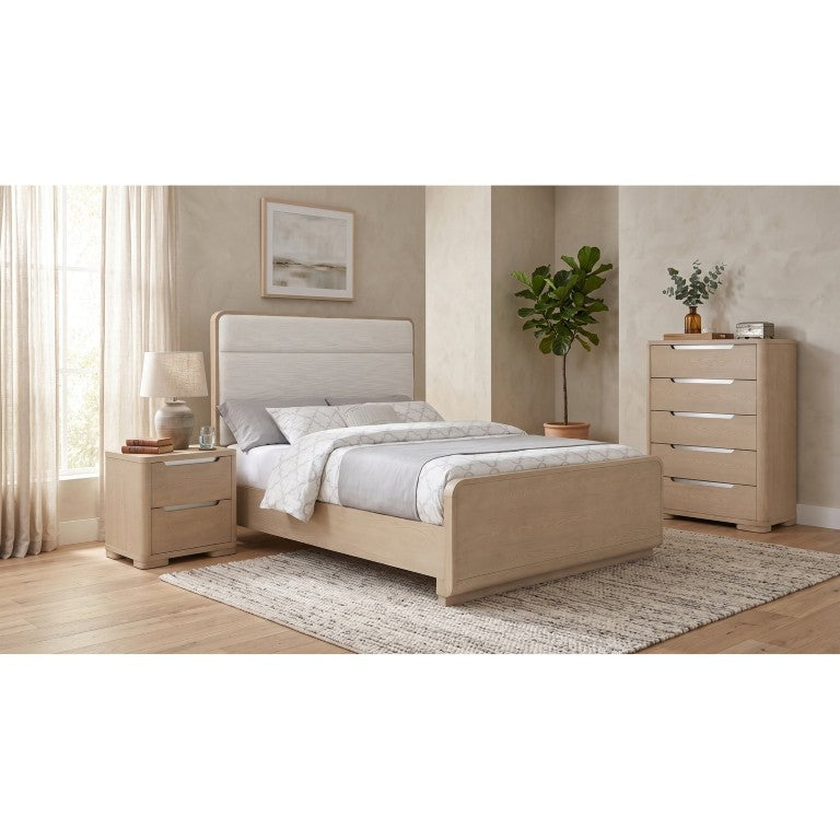 English Elm Serrano Queen Bedroom Set with Boucle Headboard Elm Finish and Brushed Nickel Hardware B2777S00064