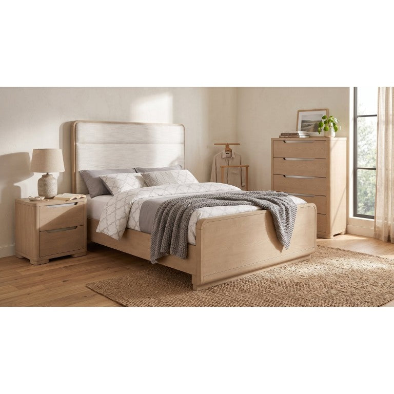 English Elm Serrano Queen Bedroom Set with Boucle Headboard Elm Finish and Brushed Nickel Hardware B2777S00064