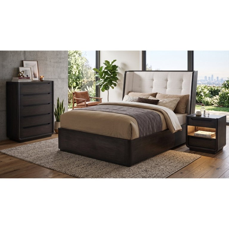 English Elm Marcello Queen Bedroom Set with Wingback Bed LED Nightstand and Burnished Frame B2777S00065