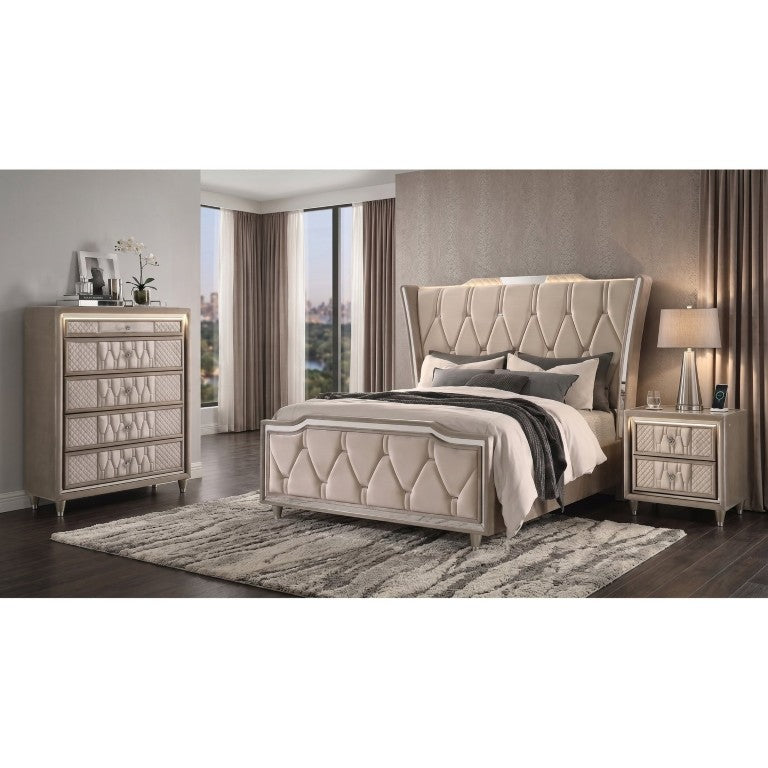 English Elm Provence Queen Bedroom Set Velvet Wingback Bed with LED Lighting and Crystal Knobs B2777S00069