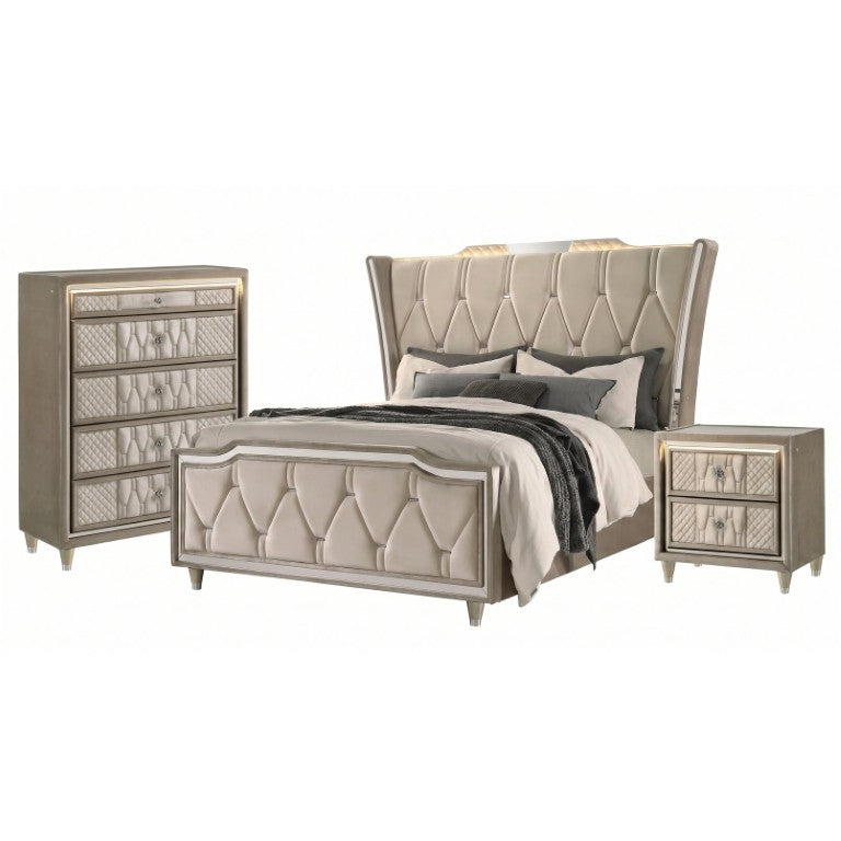 English Elm Provence Velvet Eastern King Bedroom Set with LED Lighting and Crystal Hardware B2777S00070