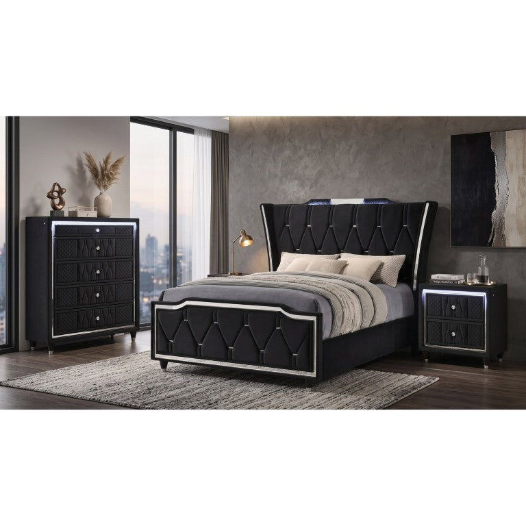 English Elm Provence Queen Bedroom Set Velvet Wingback Bed with LED Lighting and USB Charging B2777S00071