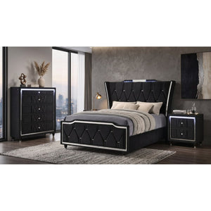 English Elm Provence Queen Bedroom Set Velvet Wingback Bed with LED Lighting and USB Charging B2777S00071