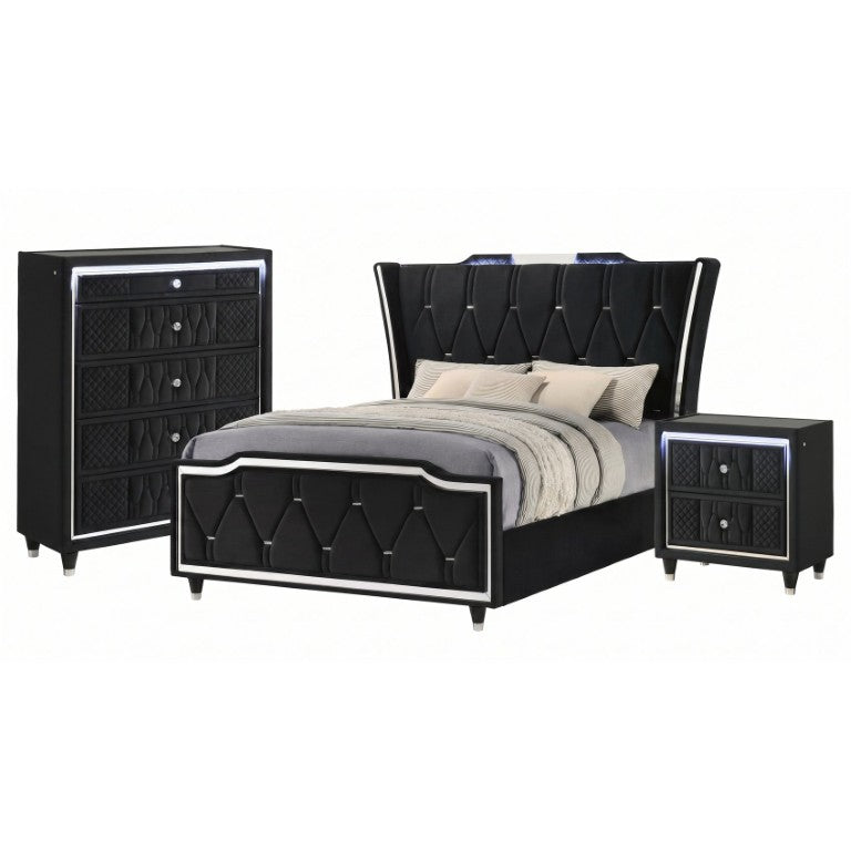 English Elm Provence Queen Bedroom Set Velvet Wingback Bed with LED Lighting and USB Charging B2777S00071