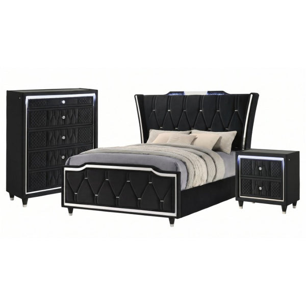 English Elm Provence Queen Bedroom Set Velvet Wingback Bed with LED Lighting and USB Charging B2777S00071
