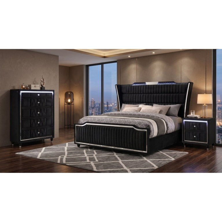 English Elm Provence Glam Eastern King Bedroom Set with Velvet Tufted Headboard and LED Lighting B2777S00072