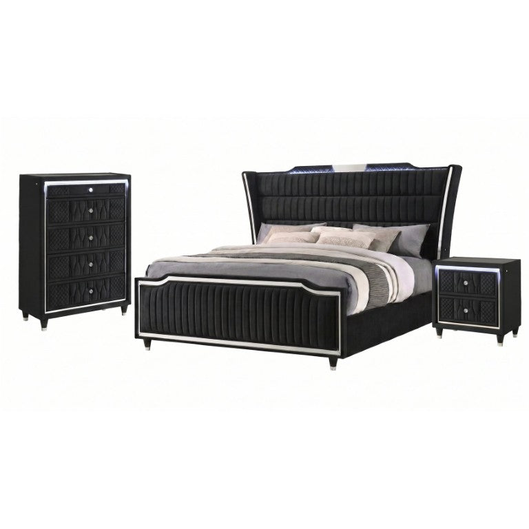 English Elm Provence Glam Eastern King Bedroom Set with Velvet Tufted Headboard and LED Lighting B2777S00072