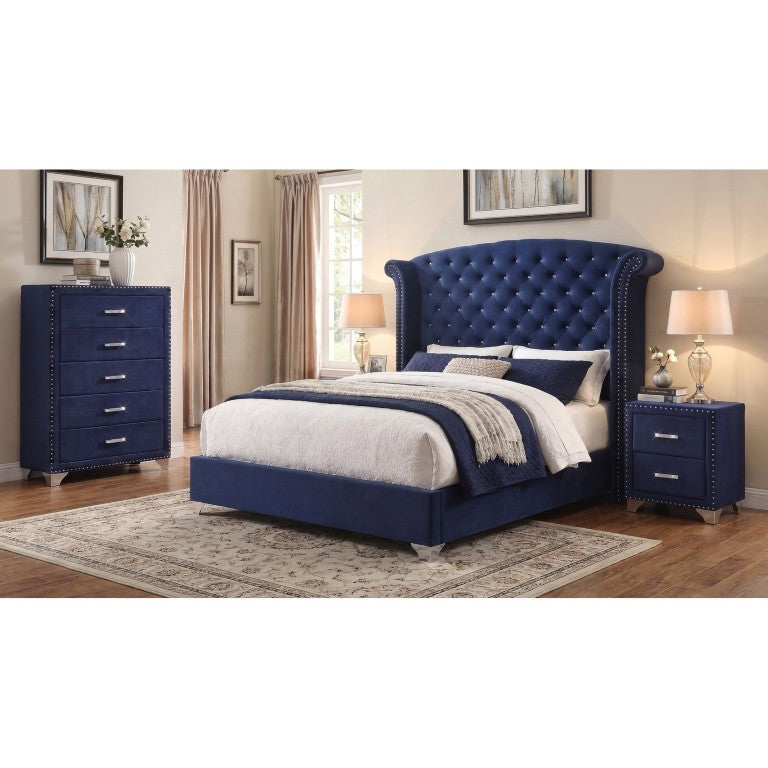 English Elm Harmony Velvet Queen Bedroom Set Wingback Tufted Bed with Chrome Nailhead Glam Suite B2777S00085
