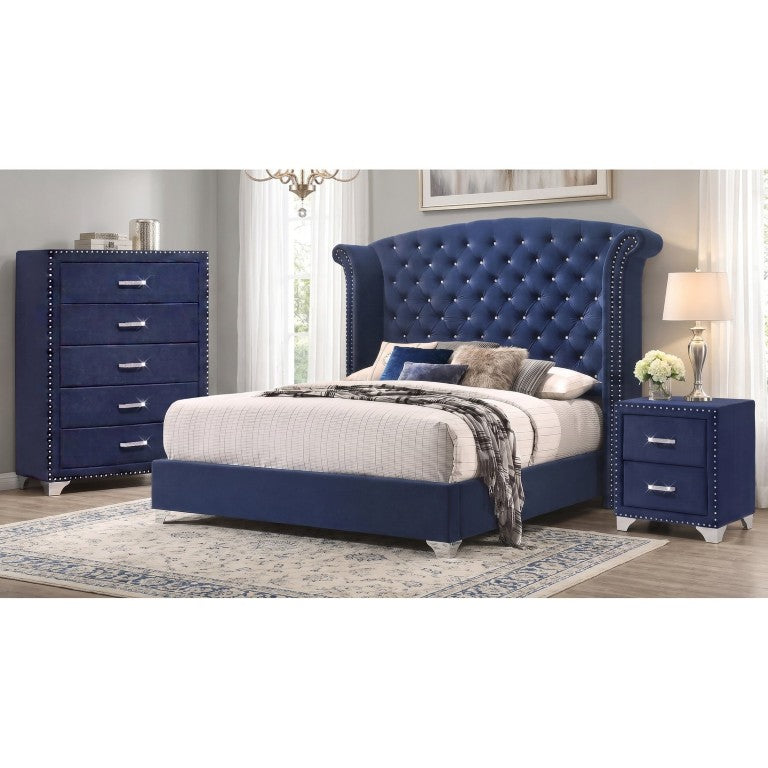 English Elm Harmony Velvet Queen Bedroom Set Wingback Tufted Bed with Chrome Nailhead Glam Suite B2777S00085