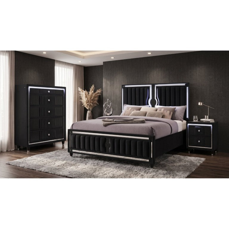 English Elm Corvina Glam Black Velvet King Bedroom Set with LED Headboard and Crystal Knobs B2777S00099