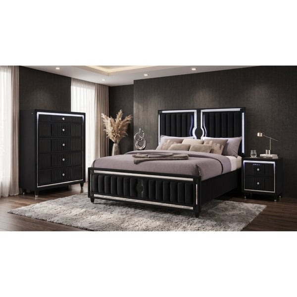 English Elm Corvina Glam Black Velvet King Bedroom Set with LED Headboard and Crystal Knobs B2777S00099