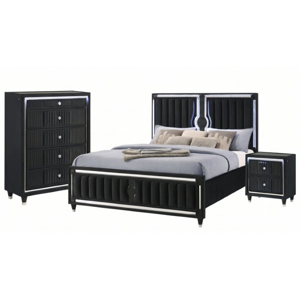 English Elm Corvina Glam Black Velvet King Bedroom Set with LED Headboard and Crystal Knobs B2777S00099