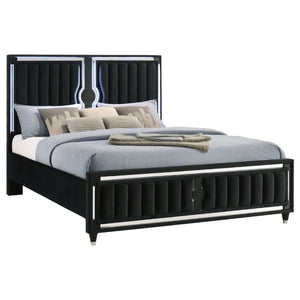 English Elm Corvina Glam Black Velvet King Bedroom Set with LED Headboard and Crystal Knobs B2777S00099
