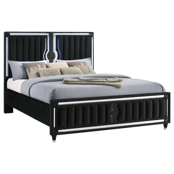 English Elm Corvina Glam Black Velvet King Bedroom Set with LED Headboard and Crystal Knobs B2777S00099