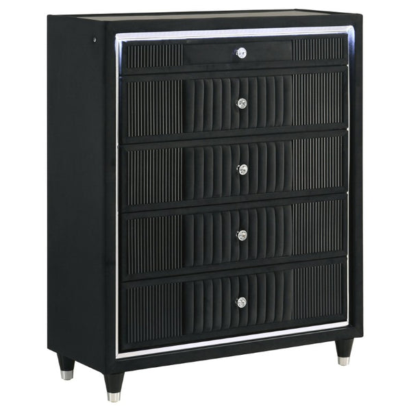 English Elm Corvina Glam Black Velvet King Bedroom Set with LED Headboard and Crystal Knobs B2777S00099