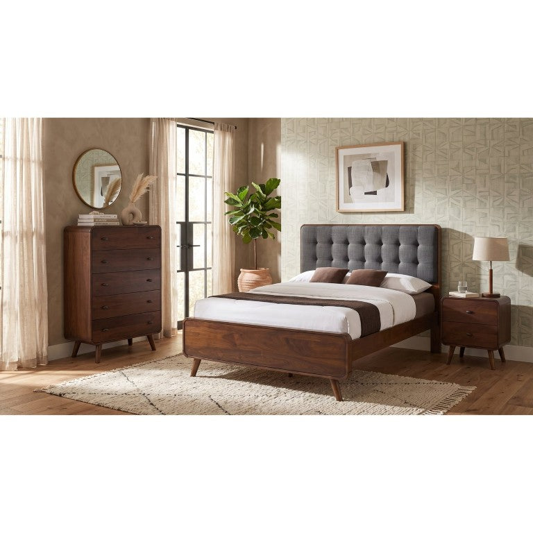 English Elm Wren Mid-Century Queen Bedroom Set with Tufted Headboard and Dark Walnut Finish B2777S00100