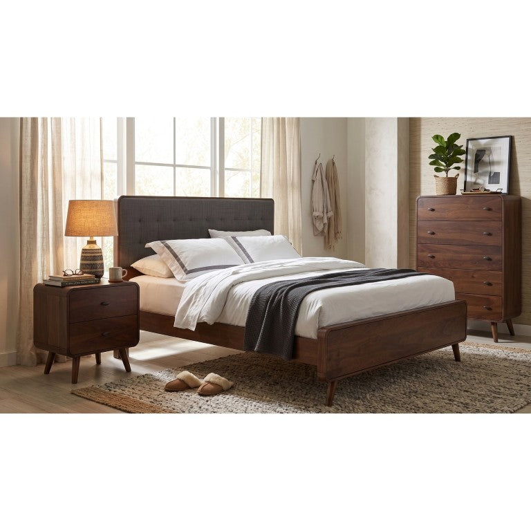 English Elm Wren Mid-Century Eastern King Bedroom Set with Tufted Headboard and Walnut Finish B2777S00101