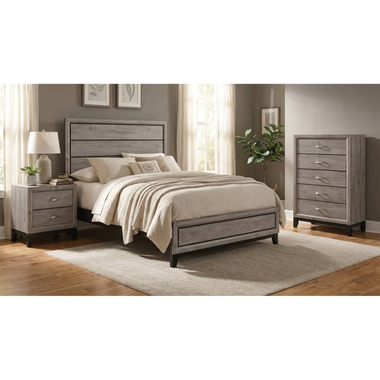 English Elm Sutter Queen Panel Bedroom Set with Groove Detailing Nickel Hardware Taupe Finish B2777S00103