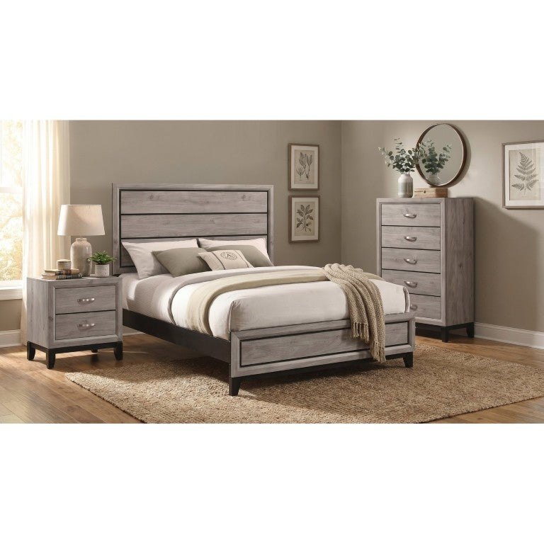 English Elm Sutter Queen Panel Bedroom Set with Groove Detailing Nickel Hardware Taupe Finish B2777S00103