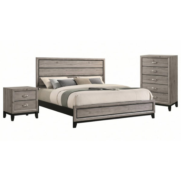 English Elm Sutter Taupe Panel Bed Nightstand and Chest Transitional Bedroom Set with Groove Detail B2777S00104