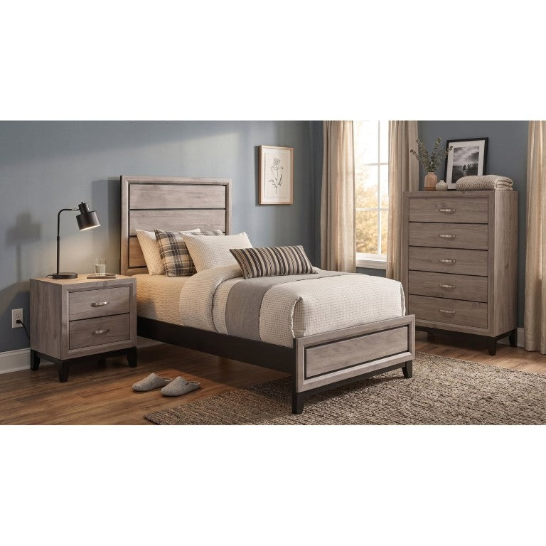 English Elm Sutter Taupe Twin Bedroom Set with Groove Panel Bed Nightstand and Five Drawer Chest B2777S00106
