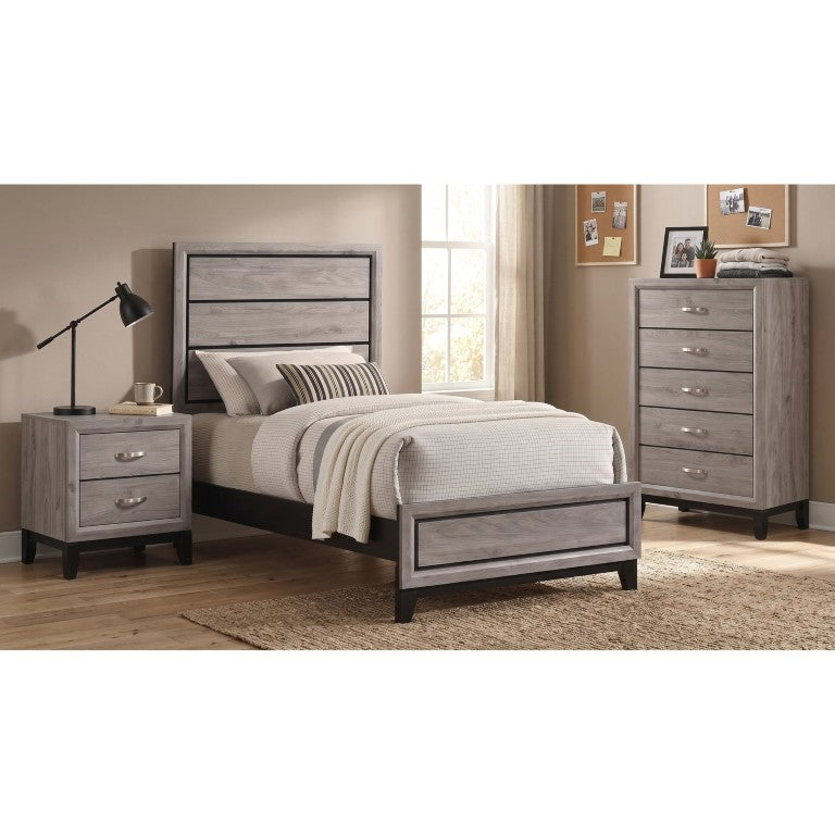 English Elm Sutter Taupe Twin Bedroom Set with Groove Panel Bed Nightstand and Five Drawer Chest B2777S00106