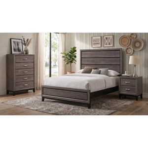 English Elm Sutter Queen Panel Bed Set with Chest and Nightstand in Grey Oak Modern Finish B2777S00107