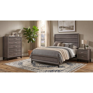 English Elm Sutter Queen Panel Bed Set with Chest and Nightstand in Grey Oak Modern Finish B2777S00107