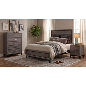 English Elm Sutter Queen Panel Bed Set with Chest and Nightstand in Grey Oak Modern Finish B2777S00107