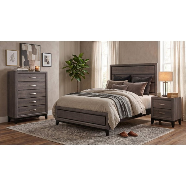 English Elm Sutter Queen Panel Bed Set with Chest and Nightstand in Grey Oak Modern Finish B2777S00107