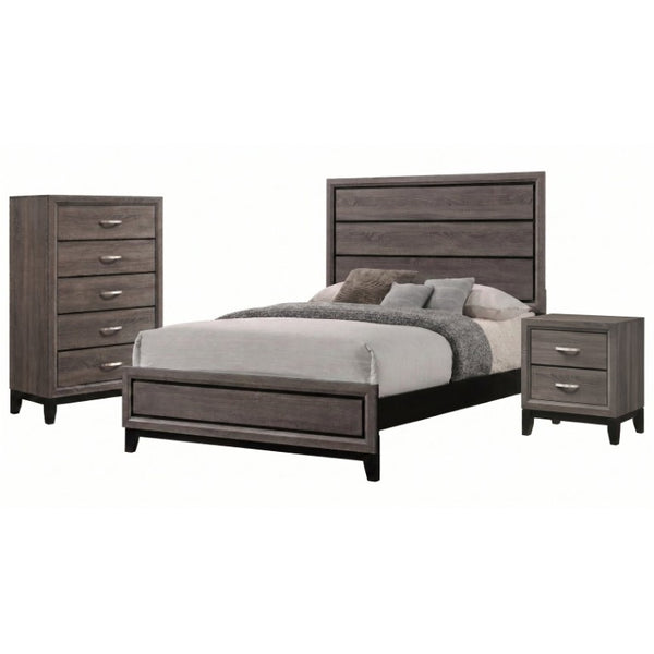 English Elm Sutter Queen Panel Bed Set with Chest and Nightstand in Grey Oak Modern Finish B2777S00107