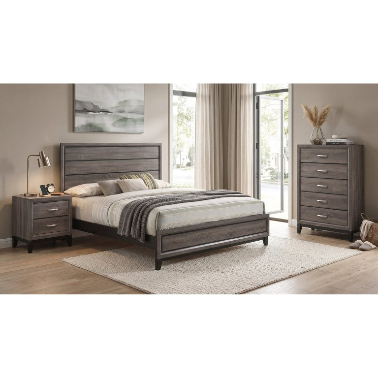 English Elm Sutter Grey Oak Panel Bedroom Set with Vertical Groove Detail and Nickel Hardware B2777S00108